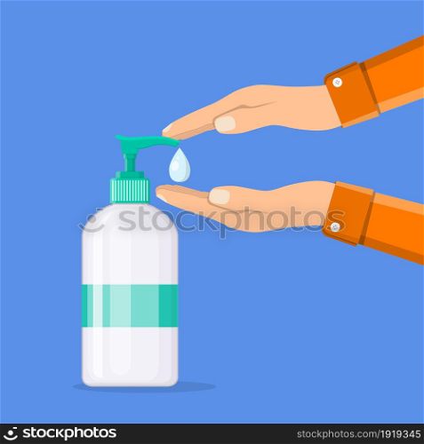 Disinfection concept. Liquid soap with pumping from bottle. Applying a moisturizing sanitizer. Man washing hands. Disinfection concept. Liquid soap