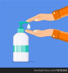 Disinfection concept. Liquid soap with pumping from bottle. Applying a moisturizing sanitizer. Man washing hands. Disinfection concept. Liquid soap