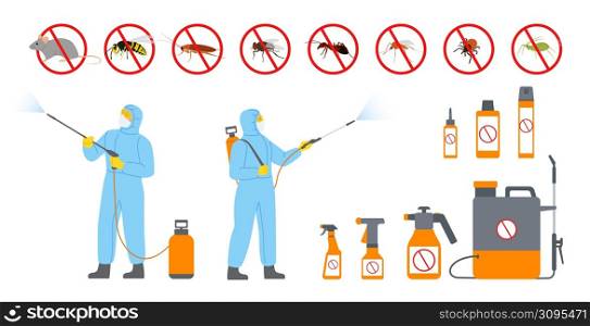Disinfection service. Pests chemical treatment. Workers in protective uniform sprayed toxin and poison. Disinsection and deratization icons. Professional equipment. Vector parasites extermination set. Disinfection service. Pests treatment. Workers in protective uniform sprayed toxin and poison. Disinsection and deratization. Professional equipment. Vector parasites extermination set