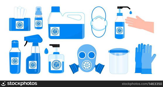 Disinfection set vector. Body hygiene illustration. Hand sanitizer bottles, respirator, antiseptic gel are shown. Spray bottle, wet wipes, liquid soap are shown. Distinctive liquids for PPE.