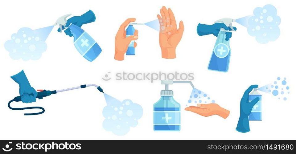 Disinfection spray in hand. Hands sanitizer, sprayed antiseptic and disinfectant container. Medical virus protection spray vector illustration set. Bottle spray to protection and disinfectant clean. Disinfection spray in hand. Hands sanitizer, sprayed antiseptic and disinfectant container. Medical virus protection spray vector illustration set