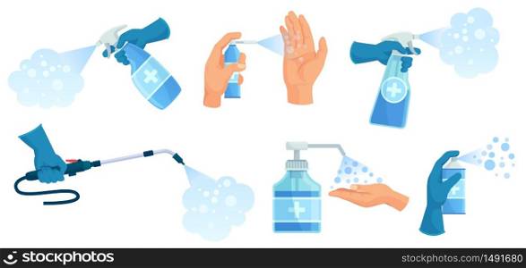 Disinfection spray in hand. Hands sanitizer, sprayed antiseptic and disinfectant container. Medical virus protection spray vector illustration set. Bottle spray to protection and disinfectant clean. Disinfection spray in hand. Hands sanitizer, sprayed antiseptic and disinfectant container. Medical virus protection spray vector illustration set