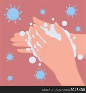 Disinficetion instruction flat color vector illustration. Cleansing in water with soap to avoid bacteria. Prevent virus spread. Washing hands 2D cartoon first view hand with abstract background. Disinficetion instruction flat color vector illustration