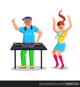 Disk Jockey Playing Music On Dj Equipment Vector. Dj At Turntable Play Cd Players At Nightclub During Party And Dancing Young Girl. Characters In Night Club Flat Cartoon Illustration. Disk Jockey Playing Music On Dj Equipment Vector