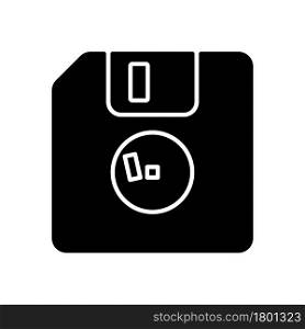 Diskette black glyph icon. Removable magnetic storage. Floppy disk. Square plastic envelope. Store information electronically. Silhouette symbol on white space. Vector isolated illustration. Diskette black glyph icon