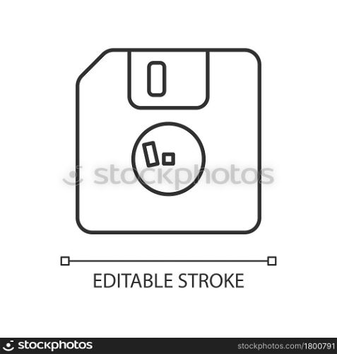 Diskette linear icon. Removable magnetic storage. Floppy disk. Square plastic envelope. Thin line customizable illustration. Contour symbol. Vector isolated outline drawing. Editable stroke. Diskette linear icon