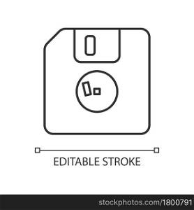 Diskette linear icon. Removable magnetic storage. Floppy disk. Square plastic envelope. Thin line customizable illustration. Contour symbol. Vector isolated outline drawing. Editable stroke. Diskette linear icon
