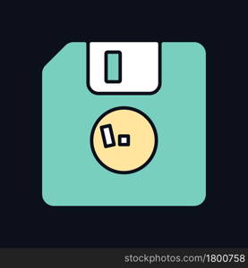 Diskette RGB color icon for dark theme. Removable magnetic storage. Floppy disk. Square plastic envelope. Isolated vector illustration on night mode background. Simple filled line drawing on black. Diskette RGB color icon for dark theme