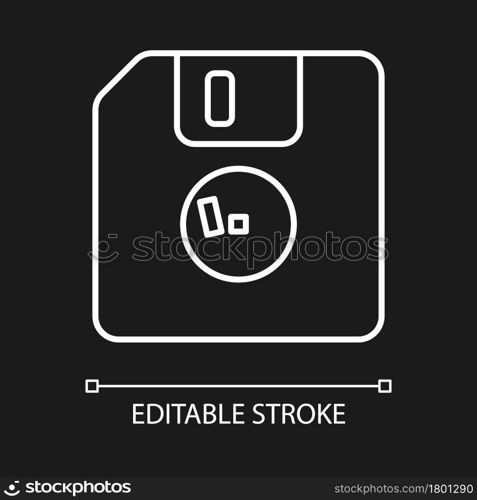 Diskette white linear icon for dark theme. Removable magnetic storage. Floppy disk. Thin line customizable illustration. Isolated vector contour symbol for night mode. Editable stroke. Diskette white linear icon for dark theme