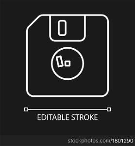 Diskette white linear icon for dark theme. Removable magnetic storage. Floppy disk. Thin line customizable illustration. Isolated vector contour symbol for night mode. Editable stroke. Diskette white linear icon for dark theme
