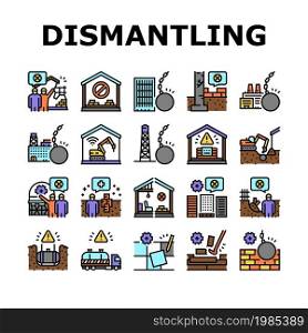 Dismantling Construction Process Icons Set Vector. Tile And Wood Floor Dismantling, Building And House, Tower And Factory Demolition Line. Hazardous Waste Transportation Color Illustrations. Dismantling Construction Process Icons Set Vector