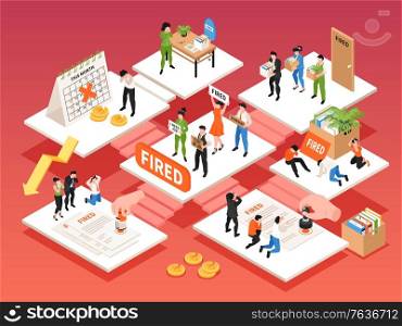 Dismissal composition with set of isometric platforms connected with stairs and human characters of retired workers vector illustration