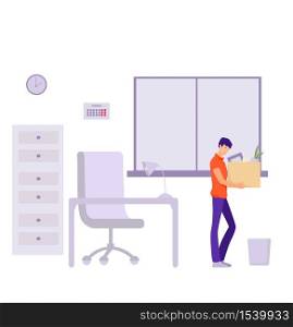 Dismissal of an office worker Illustration. Sad character with his work things leaves office problems with crisis end of his career financial flat default and vector reduction.. Dismissal of an office worker Illustration. Sad character with his work things leaves office.