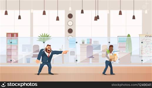 Dismissed, Loss Job. Angry Boss Dismiss Employee. Office Worker Fired for Bad Work. Unemployment and Job Reduction Concept. Bad Working Day. Fired Man carrying Box. Vector Illustration Flat style.. Dismissed, Loss Job. Vector Illustration.