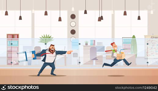 Dismissed, Loss Job. Angry Boss Dismiss Employee. Office Worker Fired for Bad Work. Unemployment and Job Reduction Concept. Bad Working Day. Fired Man carrying Box. Vector Illustration Flat style.. Dismissed, Loss Job. Vector Illustration.