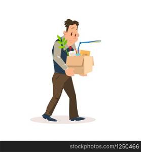 Dismissed Sad Man Carry Carton Box with Belongings. Upset Employee Fired for Bad Work at Office. Unemployment Problem. Jobless Depressed Character. Flat Vector Cartoon Illustration. Dismissed Sad Man Carry Carton Box with Belongings