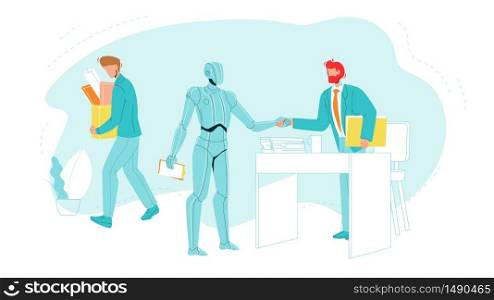 Dismissed Worker Leave Office With Supplies Vector. Dismissed Character With Box And Robot Handshake Director Or Employee, Artificial Intelligence, Human Vs Robots. Flat Cartoon Illustration. Dismissed Worker Leave Office With Supplies Vector