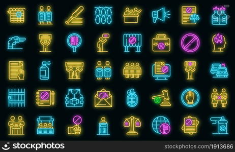 Disobedient icons set. Outline set of disobedient vector icons neon color on black. Disobedient icons set vector neon