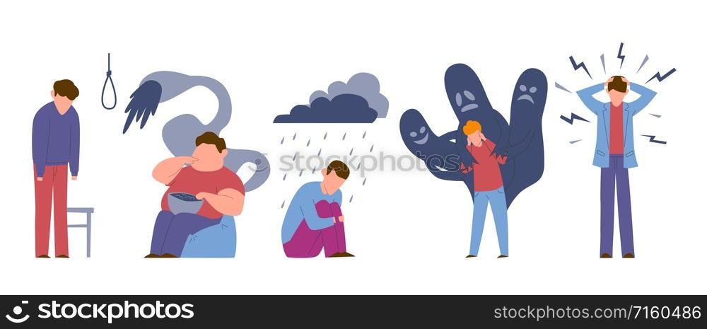 Disorder problems. Sad mental ill young people with addictive personality emotions feeling anxiety suicide vector male addiction set. Disorder problems. Sad mental ill young people with addictive personality emotions feeling anxiety suicide vector set