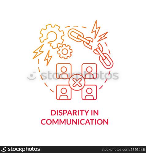 Disparity in communication red gradient concept icon. Disadvantage of online collaboration abstract idea thin line illustration. Isolated outline drawing. Myriad Pro-Bold font used. Disparity in communication red gradient concept icon