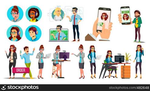 Dispatchers, Client Support Team Vector Characters Set. Male, Female Dispatchers Using Professional Equipment. Operators, Sales Managers Wearing Headset. Call Center Workers Flat Illustration. Dispatchers, Client Support Team Vector Characters Set