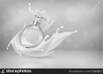 Dispenser background. Lotion and cream container mockup for cosmetic advertising, white shampoo bottle. Vector dispenser design on realistic splash and drops background. Dispenser background. Lotion and cream container mockup for cosmetic advertising, white shampoo bottle. Vector dispenser design