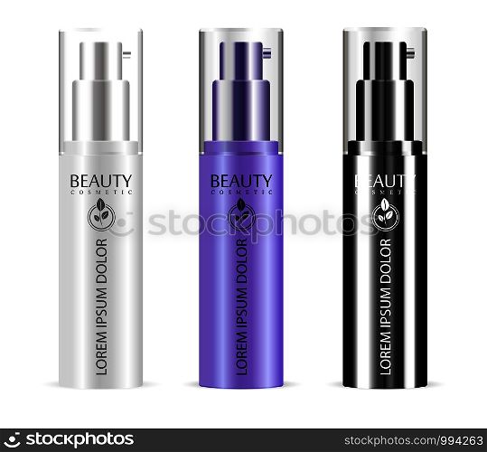 Dispenser bottles mockup set With lids in different color. Face care Spray packaging product. Realistic vector illustration.. Dispenser bottles mockup set With lids. Spray pack