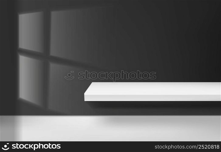 Display 3d abstract cube shape stand product white. With windows lighting black room. Promotional display design. Vector illustration