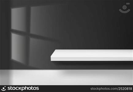 Display 3d abstract cube shape stand product white. With windows lighting black room. Promotional display design. Vector illustration
