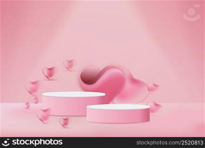 Display 3d abstract cylinder podium product pink. With light soft pink balloons heart shape. Valentine minimal scene for products showcase. Vector illustration