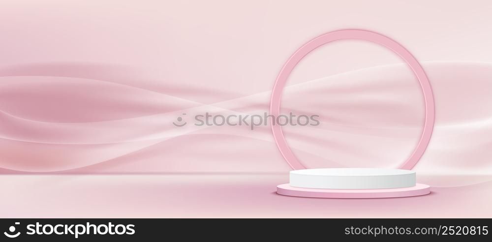 Display 3d abstract podium product pink. With light soft pink blur shape backdrop, promotional display design. Vector illustration