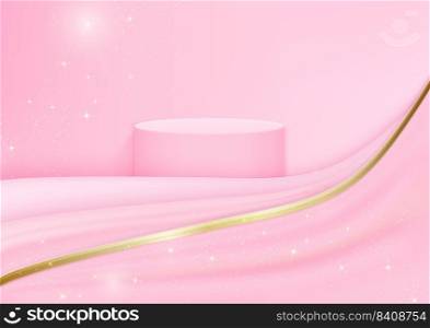 Display 3d abstract podium product pink. With light soft pink blur shape backdrop and sparkle, promotional display design. Vector illustration