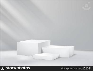 Display 3d modern white and grey cube podium with empty room background. Promotional display design. Vector illustration