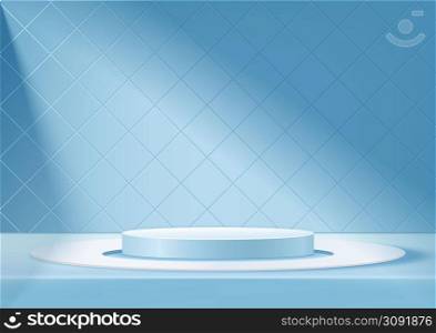 Display 3d podium product white and light blue with tile wall backdrop, promotional display design. Vector illustration