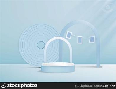 Display 3d podium product white and soft blue with circle backdrop and frame sqaure, promotional display design. Vector illustration