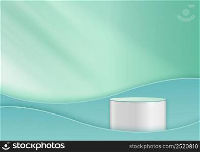 Display 3d podium product white and soft green with light green curved shape backdrop, promotional display design. Vector illustration