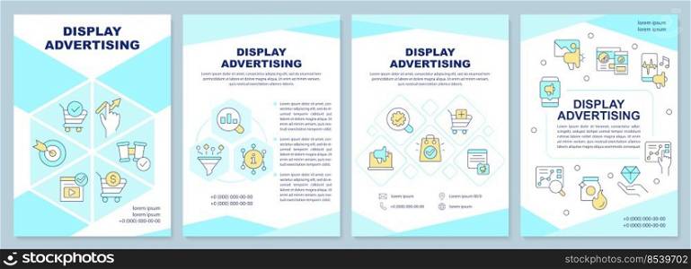 Display advertising cyan brochure template. Marketing campaign. Leaflet design with linear icons. Editable 4 vector layouts for presentation, annual reports. Arial-Black, Myriad Pro-Regular fonts used. Display advertising cyan brochure template