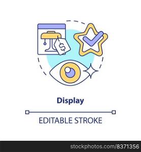 Display concept icon. Visualization in retail marketing abstract idea thin line illustration. Product placement in store. Isolated outline drawing. Editable stroke. Arial, Myriad Pro-Bold fonts used. Display concept icon