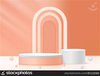 Display cylinder pedestal podium product orange and white podium. Abstract 3D product background orange pastel rendering with geometric shape scene. Stage for product. Vector illustration