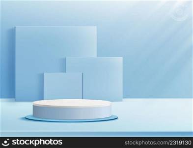 Display podium product light blue and white podium. Abstract 3D product background soft blue rendering with square vertical and holizontal scene. Stage for product. Vector illustration
