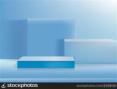 Display podium product light blue and white podium. Abstract 3D product background soft blue rendering with square vertical and holizontal scene. Stage for product. Vector illustration