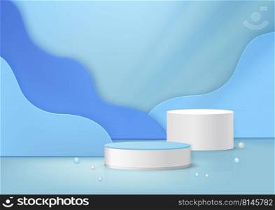 Display podium product light blue and white podiumwith fluid wave shape scene and ball. Stage for product. Vector illustration