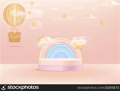 Display podium product orange and pink. Abstract 3D product background soft blue rendering with backdrop of colorful curves with stars, clouds and balloons. Vector illustration