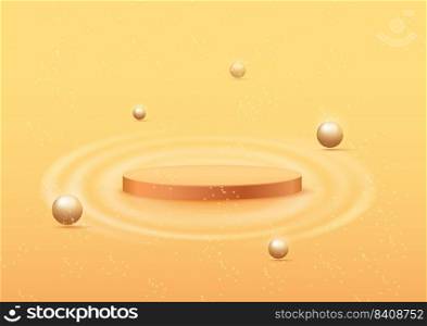 Display podium product orange pastel with golden sparkle and ball backdrop, promotional display design. Vector illustration