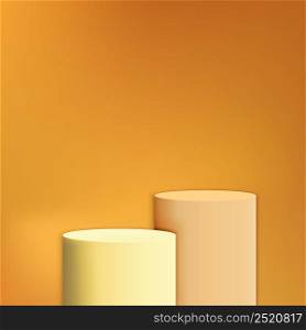 Display product empty orange, pink, brown round pedestal on yellow background. Stage for product. Vector illustration