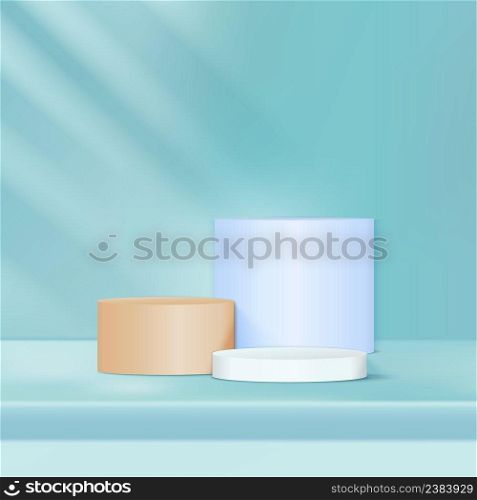 Display product empty white, soft blue, brown round pedestal on soft green background. Stage for product. Vector illustration