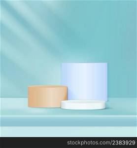 Display product empty white, soft blue, brown round pedestal on soft green background. Stage for product. Vector illustration