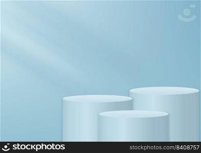 Display product empty white, soft blue, round pedestal on soft green background. Stage for product. Vector illustration