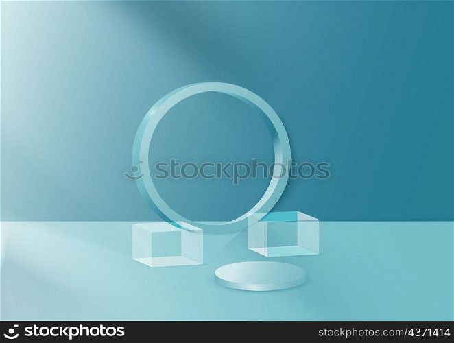 Display product podium. 3D realistic blue cylinder shped and square glass platform. You can use for show cosmetic products, stage showcase, mockup. Vector