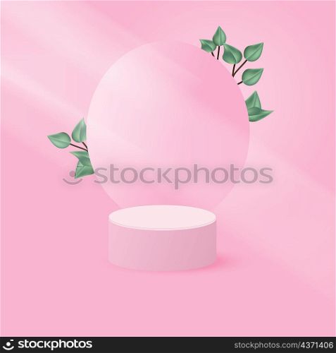 Display product podium. 3D realistic pink cylinder shpe platform with green leaf decoration. You can use for show cosmetic products, stage showcase, mockup. Vector